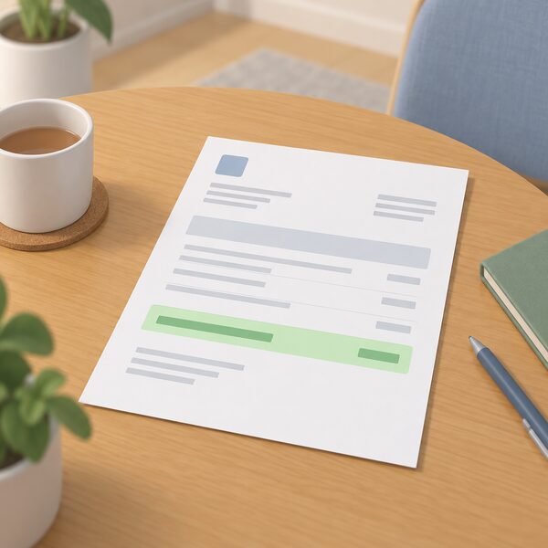 A final bill lying on a table in a home, drawn as a physical paper document with plain blank lines and blocks, showing a credit refund indicated by a simple highlighted band, with no readable words or figures.