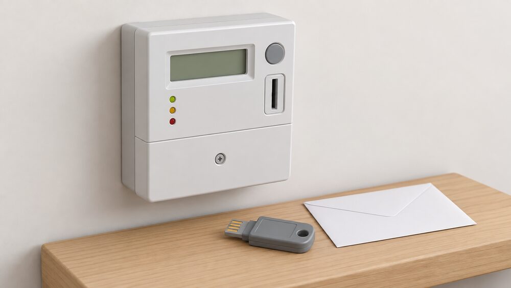 A domestic prepayment electricity meter mounted on an interior wall, shown close up, with a blank envelope and a top-up key resting on a small surface beside it, and nothing else in the scene.
