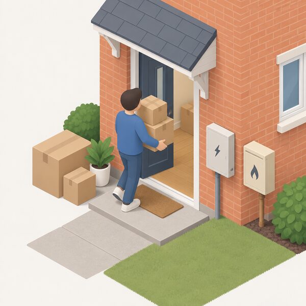 A simplified isometric figure carrying stacked moving boxes through the open front door of a house, with a plain electricity meter box on an outside wall and a gas meter box nearby, showing the new occupant beginning to use energy with no contract agreed.