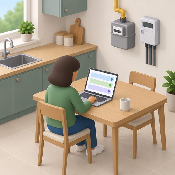 A simplified isometric figure sits at a kitchen table comparing tariffs on a laptop screen, with a gas meter and electricity meter visible on a nearby wall, showing a household freely choosing a new supplier with no exit fee to pay.