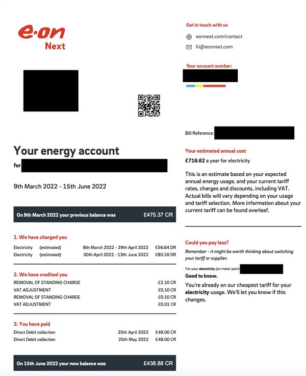 An E.ON Next electricity bill showing account charges, credits, payments and estimated annual cost