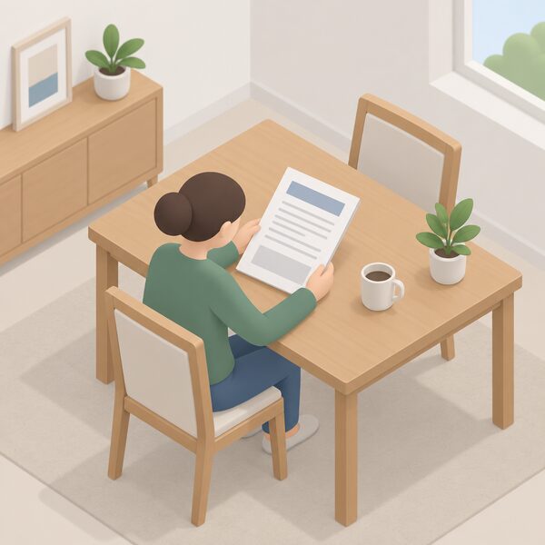 A printed deemed contract document lying on a household table, its pages showing only blank lines and plain blocks, with a simplified isometric figure seated beside it reading the terms.