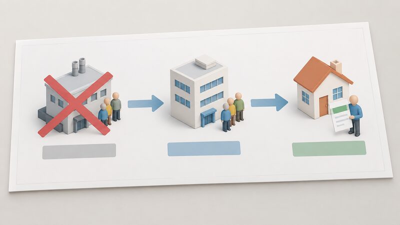 A simplified flow diagram drawn as a printed sheet: a crossed-out supplier block on the left, an arrow through an appointed supplier-of-last-resort block in the middle, and an arrow to a small house on the right holding a document marked only with a plain colour band for the deemed contract.