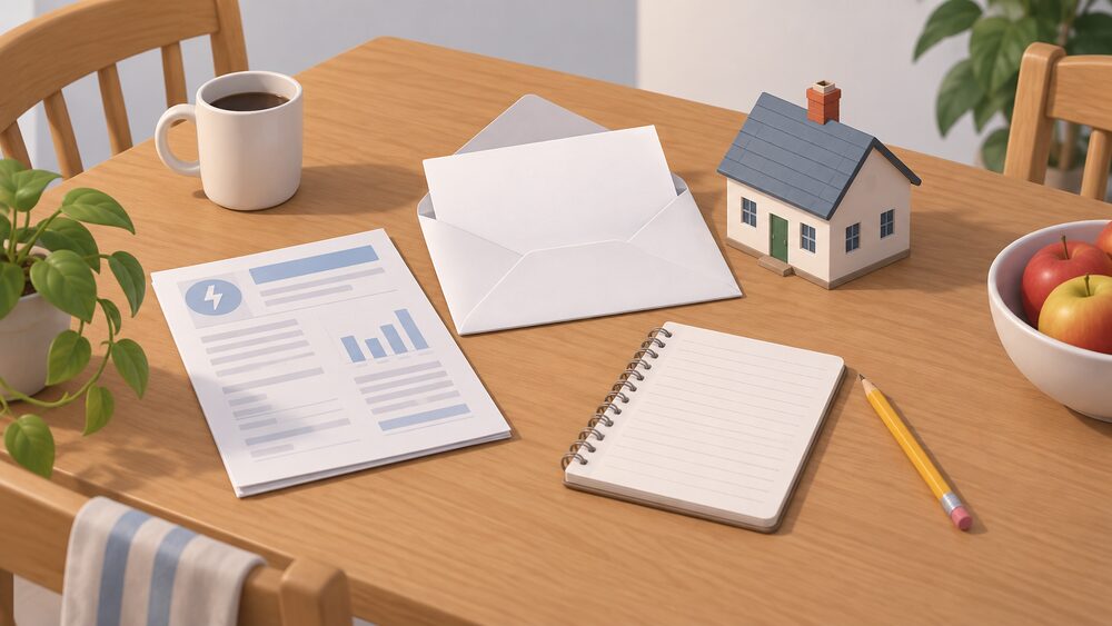 A kitchen table with a blank official-looking letter in an opened envelope, a saved copy of an energy bill, a notebook with a handwritten meter reading, a pencil and a small model house, arranged as a household records the moment its energy supplier has failed.