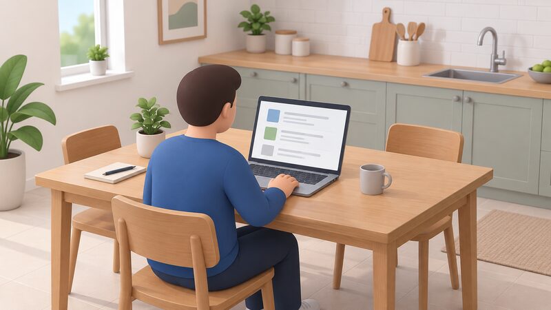 A simplified homeowner sits at a kitchen table with a laptop open showing a plain directory-style screen of blank listing blocks, one hand on the trackpad as they check an installer's registration before any work starts.