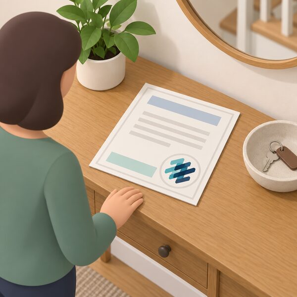A simplified TrustMark-style endorsement badge shown as a physical sticker on a paper certificate lying on a hall table in a home, with a householder's hand resting beside it and the certificate's content rendered only as blank lines and plain colour bands.