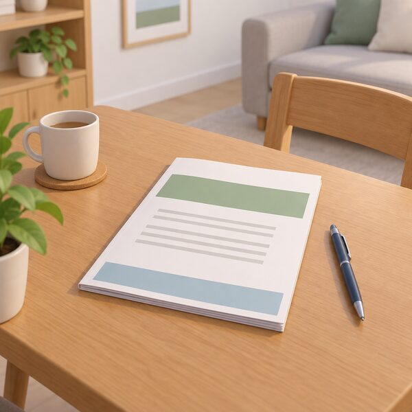 A simple paper consultation document lying on a domestic table, its cover and pages shown with plain colour bands and blank lines only, beside a pen, representing the consultation on reforming consumer protection for home upgrade schemes.