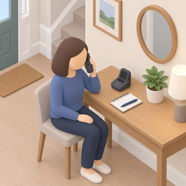 A simple cordless household telephone resting on its charging base on a table in a home hallway, with a small isometric figure seated nearby holding the handset to their ear as if speaking to the Citizens Advice consumer helpline, with a notepad and pen beside the base for taking notes during the call.