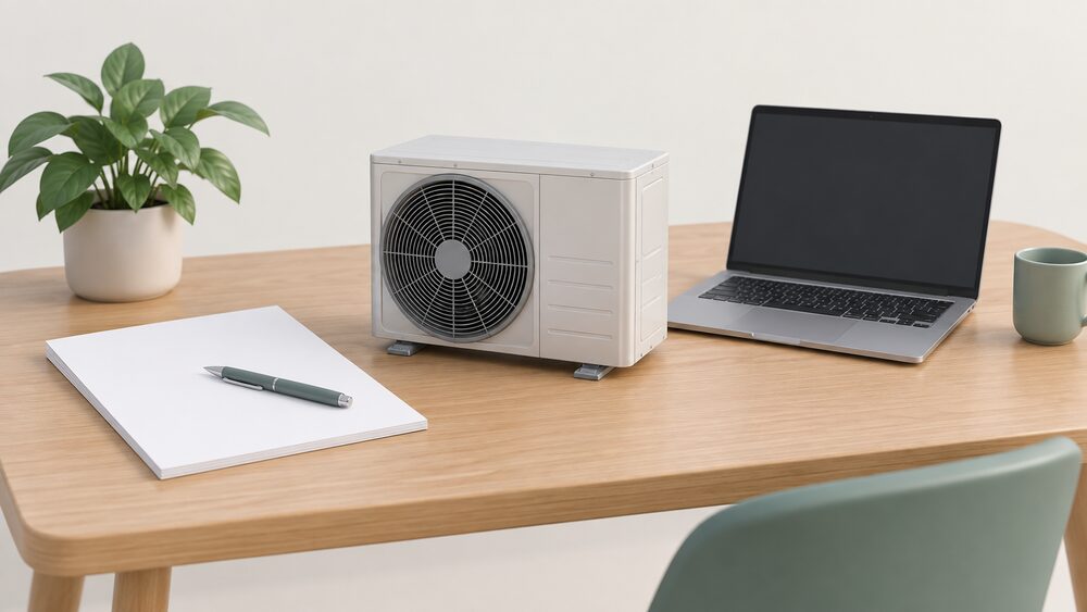 A small model of an air source heat pump stands on a table beside blank paperwork, a pen and a laptop with a blank screen, showing the moment a householder checks an installer's registration before booking work.