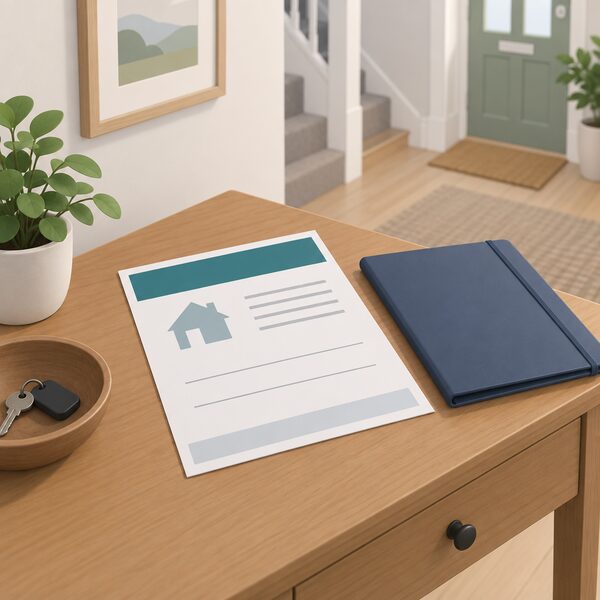 A printed TrustMark Certificate of Lodgement document lying on a table in a home hallway, its title shown as a plain colour band, with blank lines where the property address and the type of installed measure are recorded, beside a closed document folder.