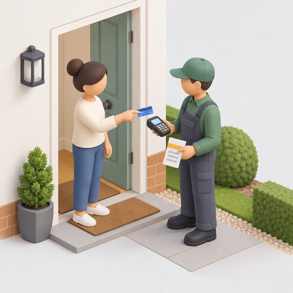 A householder at their front door handing a payment card to a retrofit installer, with a small payment terminal between them and a simple paper slip showing the optional payment protection fee as a plain colour band, no readable figures.
