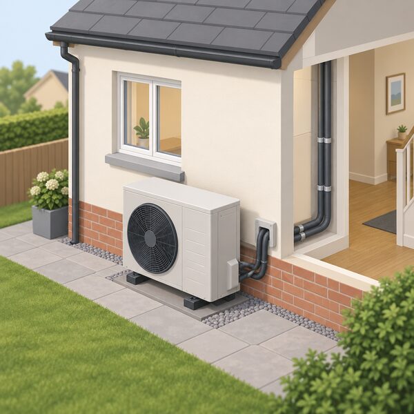 An air source heat pump unit standing on the outside wall of a domestic house, with pipework entering the property, shown as a completed installation by a registered business.