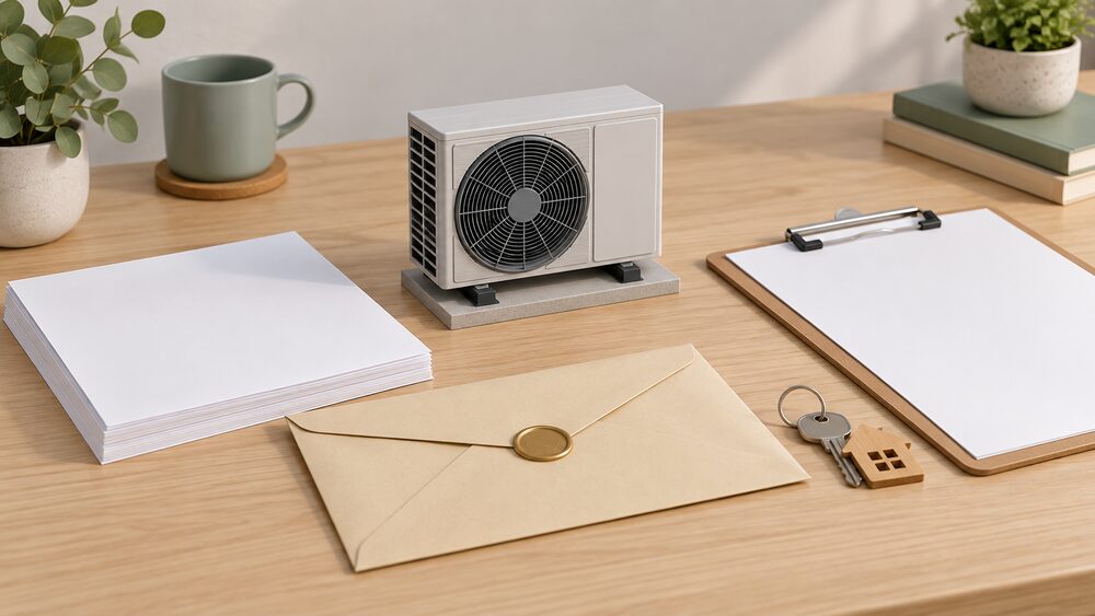 A small model of an air source heat pump fan unit standing on a desk beside blank paperwork, a sealed certificate envelope, a house key and a clipboard with a blank sheet, arranged as a household moment of choosing a vetted installer for grant-funded retrofit work.