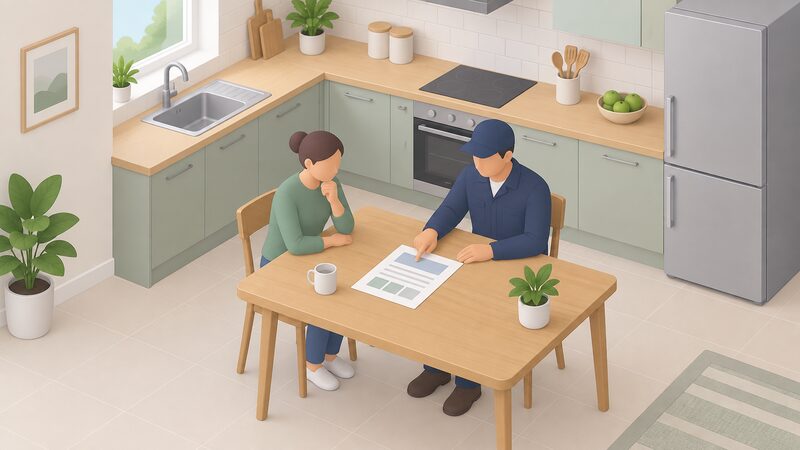 A homeowner and an installer sit together at a kitchen table, the installer pointing to a retrofit assessment document laid flat between them while the homeowner looks on, with a plain domestic kitchen around them.