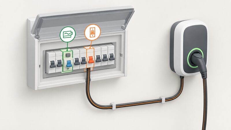 An open domestic consumer unit with a row of devices, one RCD and one miniature circuit breaker highlighted as the protective devices for the EV charging circuit, which is shown as a single outgoing cable running from that breaker toward a wall-mounted charge point.