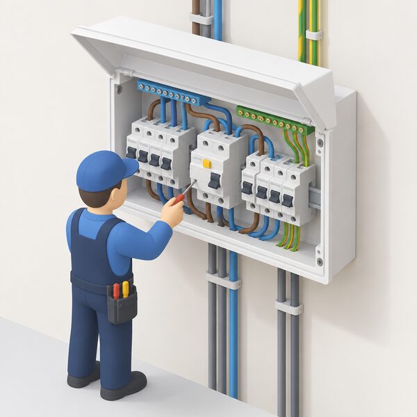 An open consumer unit on a wall of the house's fixed wiring with a Type B RCD protective device clipped onto the DIN rail among other breakers, its wiring connected into the house circuits, with a simplified isometric figure of an installer working on the unit.