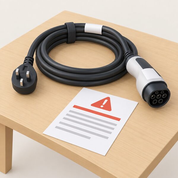 A recalled EV charging cable lying coiled on a plain table beside a printed recall notice sheet, the cable's plug and connector shown plainly with blank label bands and no readable markings, illustrating equipment that failed RCD test requirements.