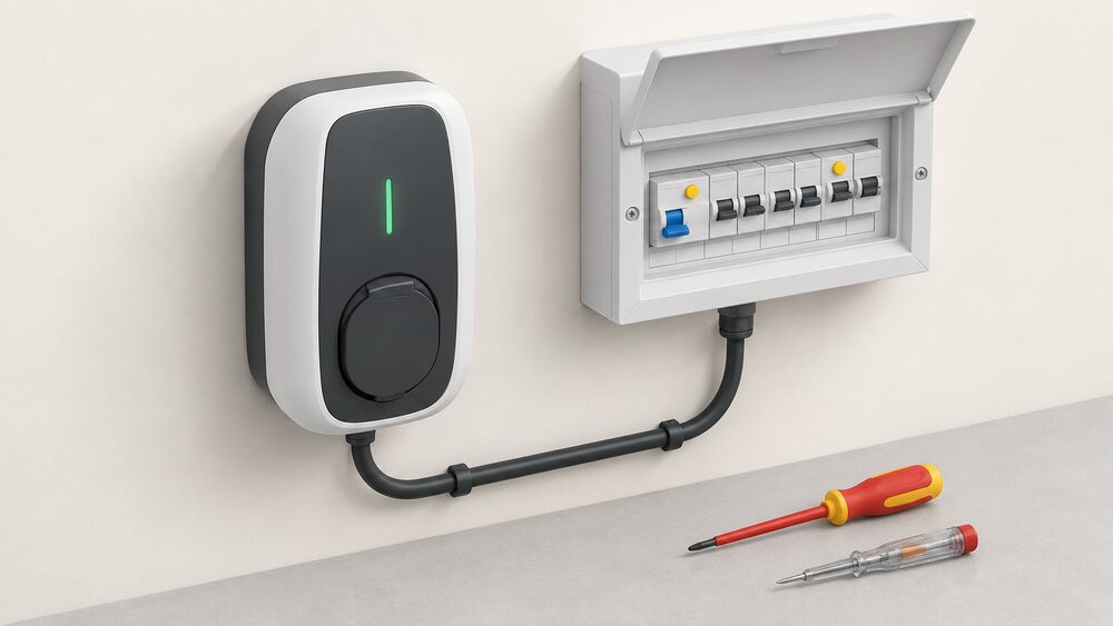 A close-up of a wall-mounted home EV charge point with its front cover on, beside it a small domestic consumer unit with its lid open showing a row of RCD and MCB devices, connected by visible cable, with an electrician's screwdriver and voltage tester resting below.