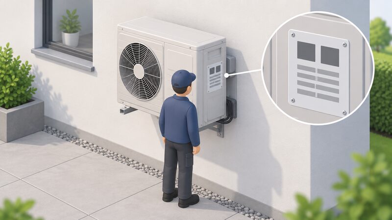 A small isometric figure stands behind a wall-mounted heat pump outdoor unit, looking at the rating plate fixed to its rear panel, where the CE and UKCA conformity marks appear as plain blocks alongside blank lines for model, refrigerant and electrical data.