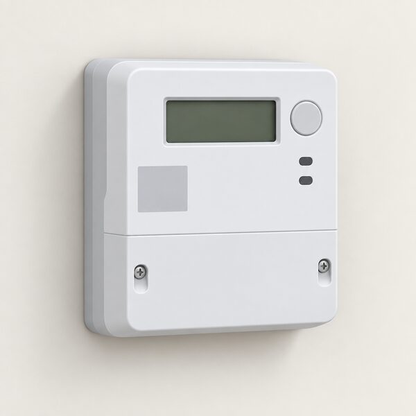 A simple domestic electricity meter unit mounted on a plain interior wall, drawn as a new design carrying the UKCA marking shown as a plain blank mark block, with no other equipment or people in the scene.
