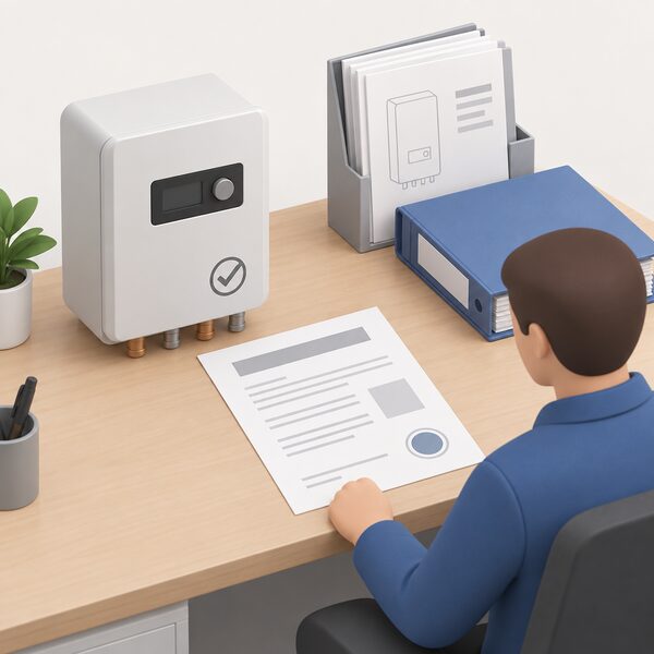 A paper Declaration of Conformity lying on a manufacturer's desk beside a small home energy product already bearing a plain mark, with a folder of technical documentation behind it.