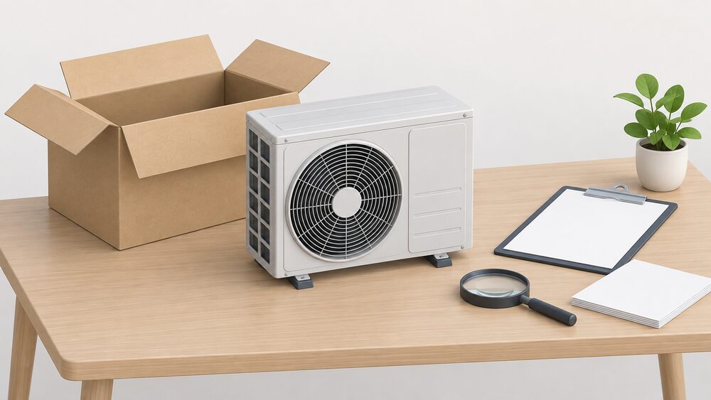A small model of an air source heat pump stands on a table beside its open cardboard box, with blank paperwork, a clipboard and a magnifying glass arranged as a buyer checking a new product before accepting it.