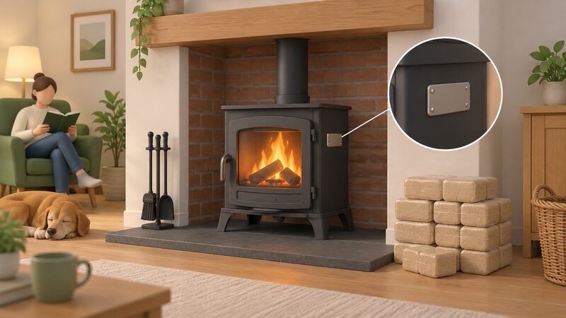 A wood-burning stove in a home hearth with a small metal exemption plate fixed to its body, and beside it a neat stack of certified smokeless fuel briquettes in plain unbranded packaging, showing the two compliance routes together.