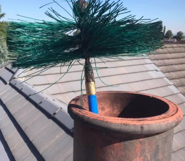 A green wire chimney sweeping brush emerging from a terracotta chimney pot on a tiled roof