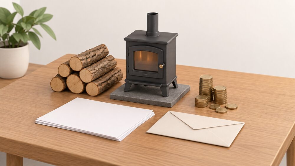 A small model of a wood-burning stove sits centrally on a table beside a neat bundle of cut firewood logs, with blank paperwork, a sealed envelope and a stack of coins arranged around them, suggesting a household facing a penalty notice over fuel.
