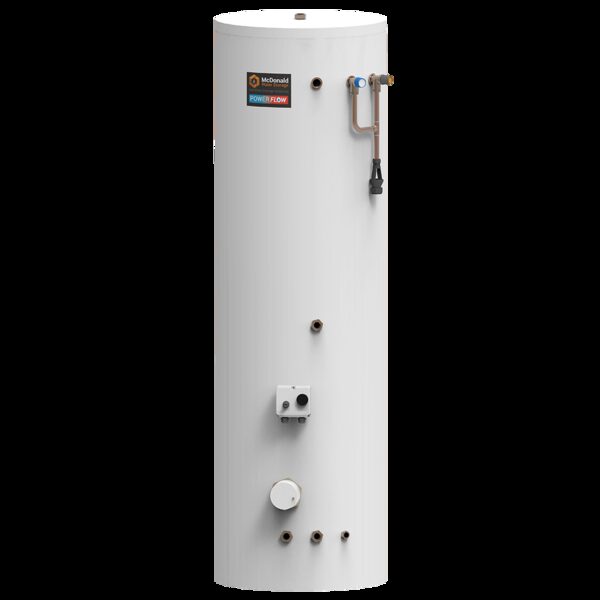 A white slimline hot water cylinder with brass fittings and a McDonald Water Storage PowerFlow label