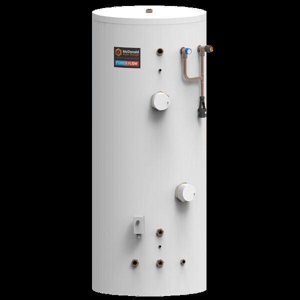 A white McDonald Water Storage POWERflow unvented hot water cylinder shown against a plain white background