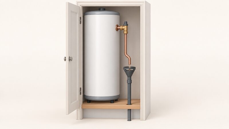 A cutaway view of an unvented hot water cylinder with its pressure release valve discharging through a short pipe into a funnel-shaped tundish fitted below it, the tundish opening down into a discharge pipe running onward, with a visible air gap between the tundish outlet and the pipe below.