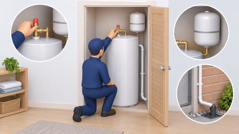 A G3-qualified engineer kneeling beside an unvented hot water cylinder in an airing cupboard, testing the factory-fitted pressure and temperature relief valve on top while checking the connected expansion vessel and the discharge pipe running away to a safe drainage point.