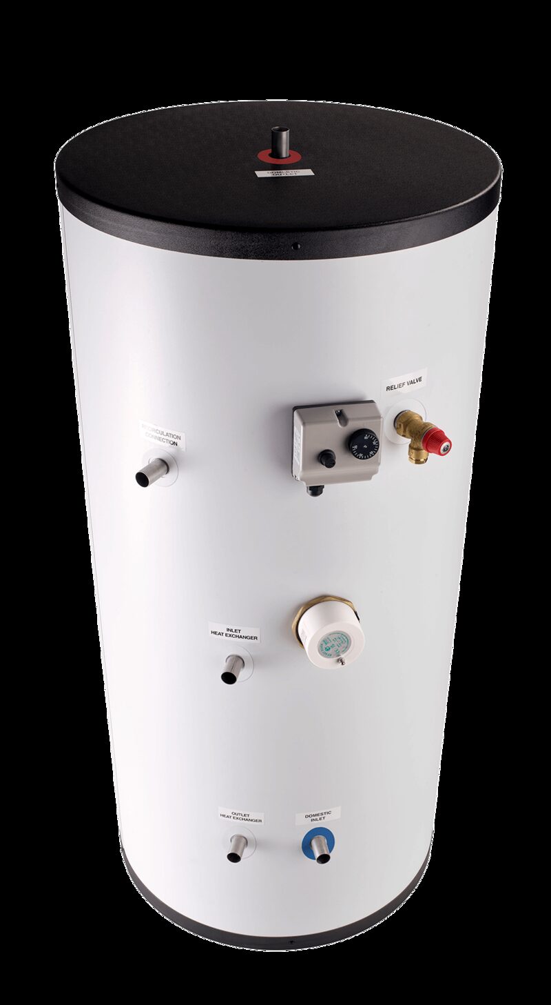 A white unvented hot water cylinder with black lid, labelled tappings, thermostat and relief valve, shown on a plain white background