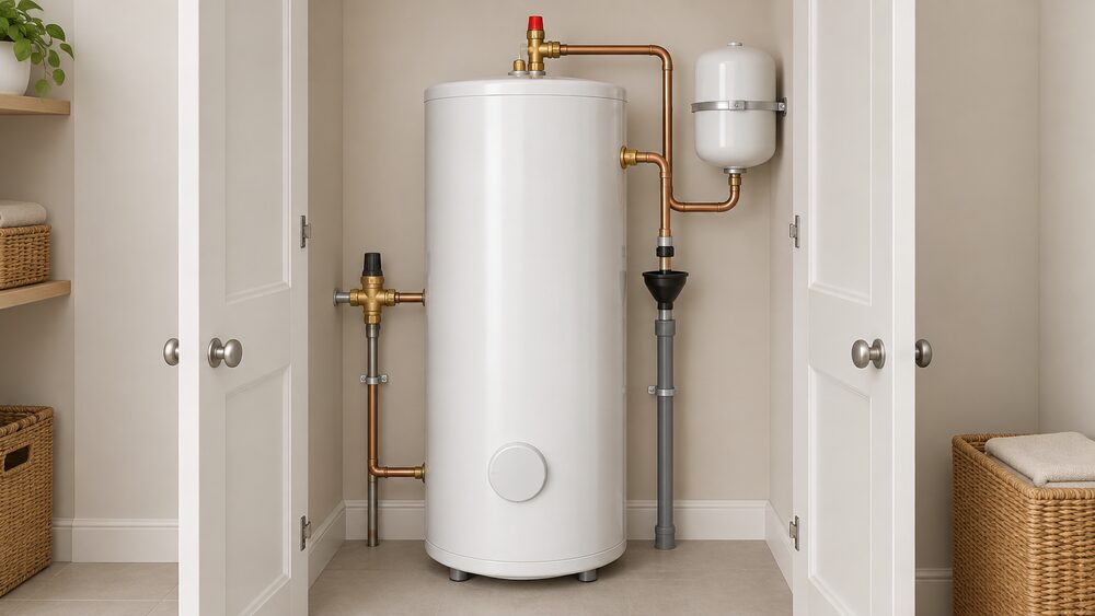 A tall white unvented hot water cylinder shown close up in an airing cupboard, with a temperature and pressure relief valve on top, an expansion vessel connected by a pipe, a pressure reducing valve on the cold mains inlet, and a discharge pipe running down through a visible funnel-shaped tundish.