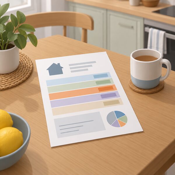 A household energy bill lying on a kitchen table beside a kettle, drawn as a physical paper document with a cost breakdown shown as plain colour bands, one band highlighting the network element of the charge, with no readable words or figures on it.