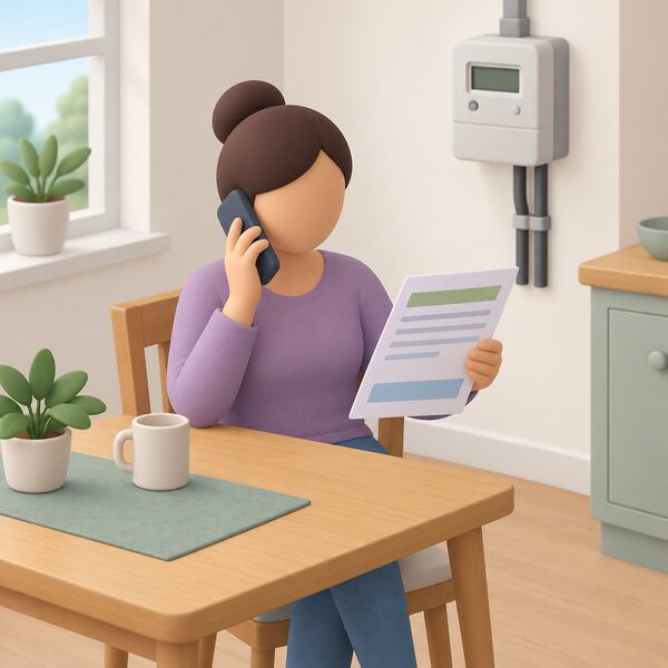 A householder at home telephoning their energy supplier, holding a paper energy bill in one hand while seated at a table with the phone to their ear, the bill shown with blank lines and plain colour bands so no figures are readable.