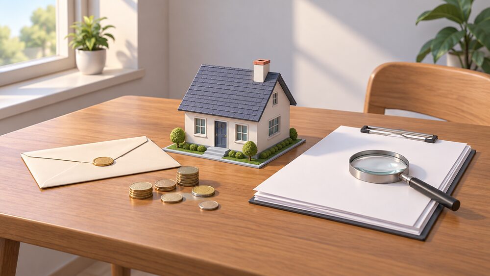 A small model house sits on a wooden table beside a stack of blank official-looking paperwork with a clipboard, a sealed envelope, a scattering of coins, and a magnifying glass resting on the papers, all lit by plain daylight from a window.
