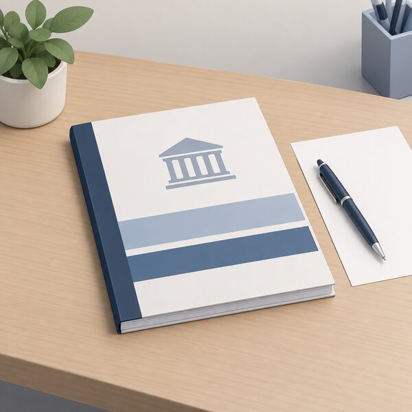 A closed government consultation outcome document lying on a plain office desk beside a pen and a simple blank sheet, with no readable words or figures on its cover or pages, drawn as a physical object in a neutral setting.