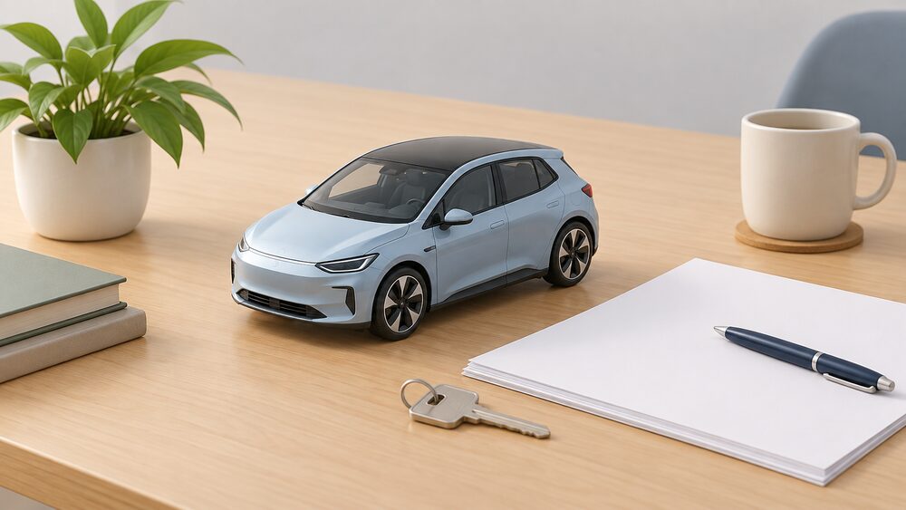 A small model of a zero emission electric car sits centrally on a table beside blank paperwork, a pen and a house key, representing the moment a household considers which new car is available to buy under the mandate.