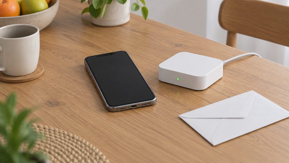 A smartphone lying face up with a blank dark screen on a kitchen table, next to a small white internet gateway box with a cable and a plain envelope, suggesting an app service that has stopped working.