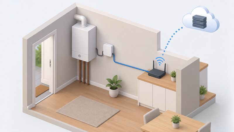 A simplified isometric cutaway of a home corner showing a wall-mounted boiler wired to a small gateway unit beside it, a network cable running from the gateway to a nearby Wi-Fi router, and a dotted signal path rising from the router toward a cloud symbol representing the manufacturer's servers, with each link in the chain clearly visible as a separate connection.
