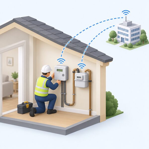 A fitter installs a smart electricity meter on an interior wall of a home, with a second gas meter nearby, both sending readings automatically to the energy supplier, shown as a simplified signal path from the meters toward a distant supplier building.