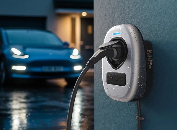 A wall-mounted Sync Energy EV charge point with a cable plugged in, a blue electric car charging in the background at night