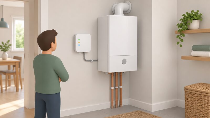 A small wall-mounted internet gateway box with a few small indicator lights, fixed on the wall beside a domestic wall-hung boiler, connected by a short cable, shown in a simple interior corner of a home.