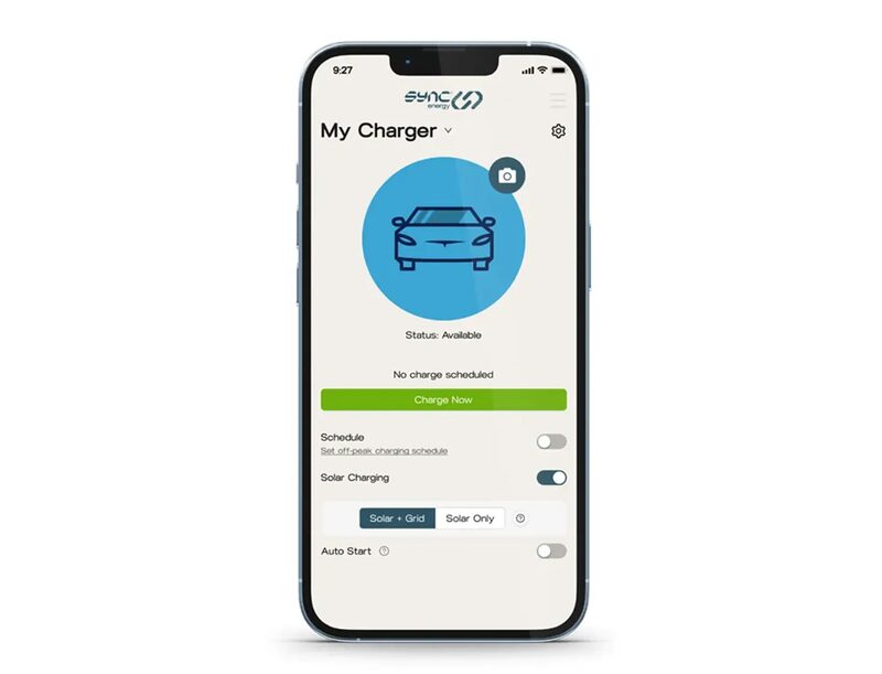A smartphone displaying the Sync Energy app's My Charger screen with EV charging controls and solar charging options