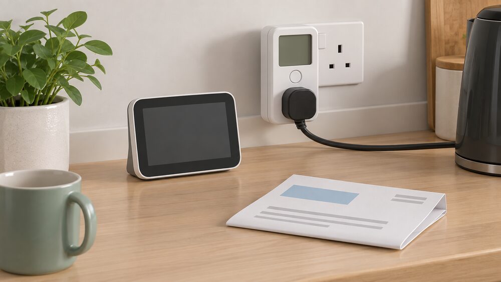 A kitchen worktop with an in-home smart meter display standing upright showing a blank screen, beside a plug-in energy monitor plugged into a wall socket with an appliance's plug leading to it, and a folded electricity bill lying nearby.