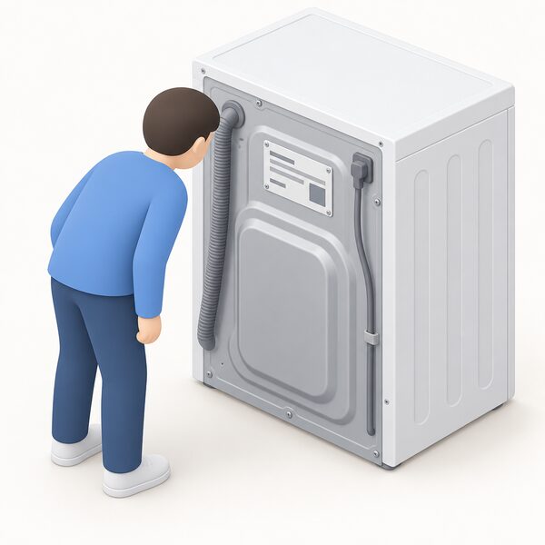 A close-up view of the back of a household appliance with its rating plate clearly visible, showing the power rating as blank lines and simple blocks, with a simplified isometric figure leaning in to read it.
