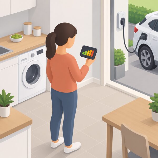 A person standing in a home kitchen holding the portable smart meter display, its screen showing simple plain bars and colour bands of real-time household energy use, with the washing machine and an electric car charging point visible in the background.