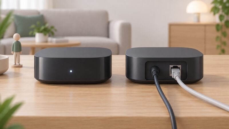 A close view of a compact smart home hub sitting on a table, its small status light glowing on the front and its rear panel showing a power socket and an Ethernet port with cables plugged in.